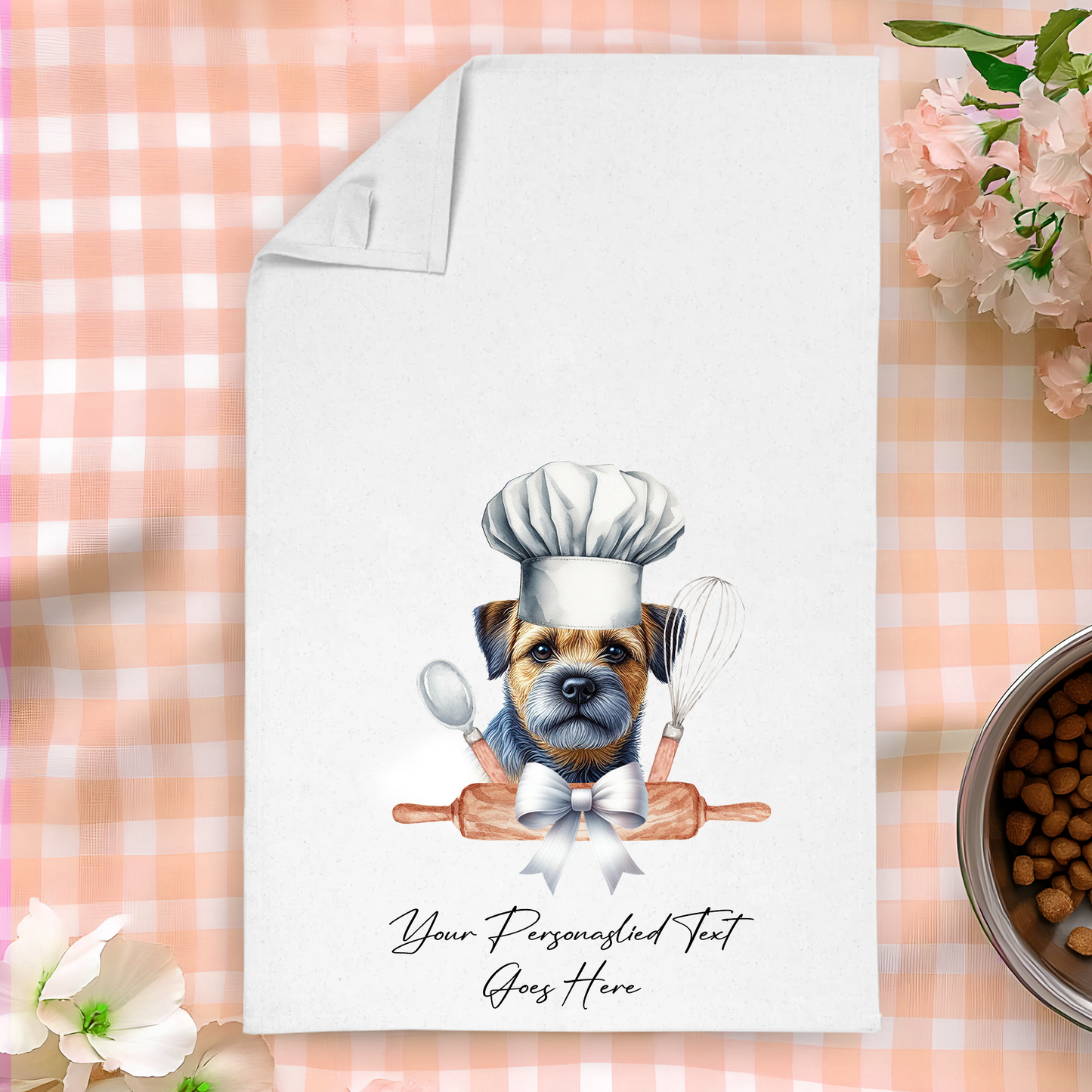 Personalised Dog In Chef Hat Gift Tea Towel - Border Terrier - Blue and Tan