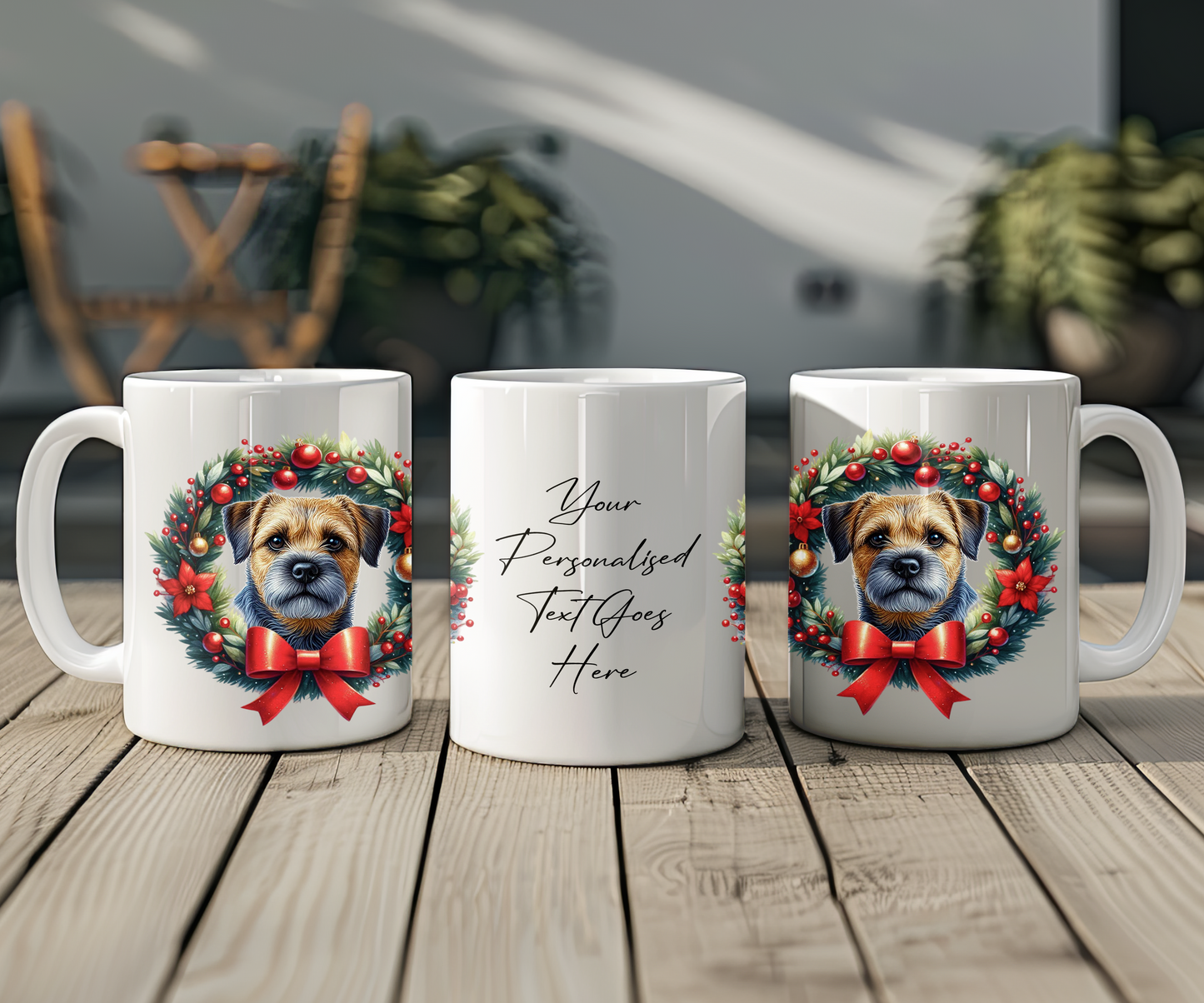 Personalised Blue and Tan Border Terrier Dog Christmas Wreath Gift Mug