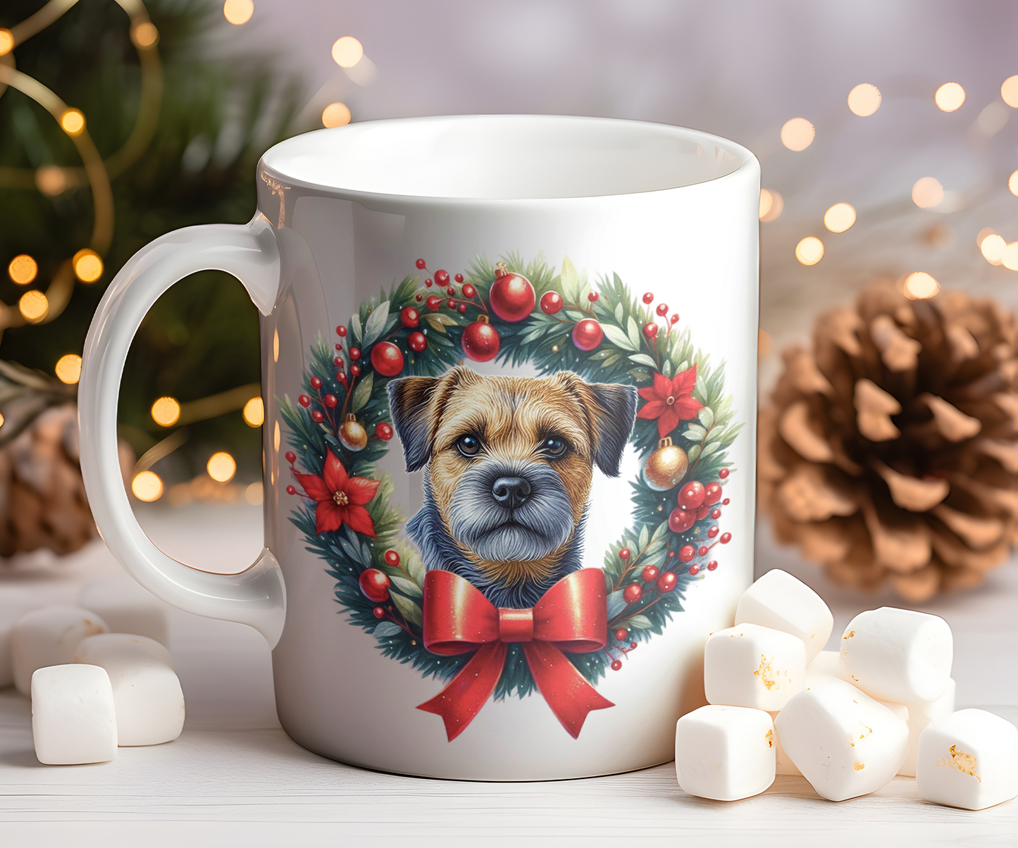 Personalised Blue and Tan Border Terrier Dog Christmas Wreath Gift Mug