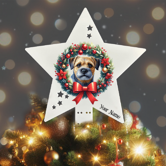 Personalised Pet Dog Border Terrier wreath Christmas Tree Topper - Keepsake Gift, by Floppsie Moppsie – floppsiemoppsie at floppsiemoppsie.co.uk