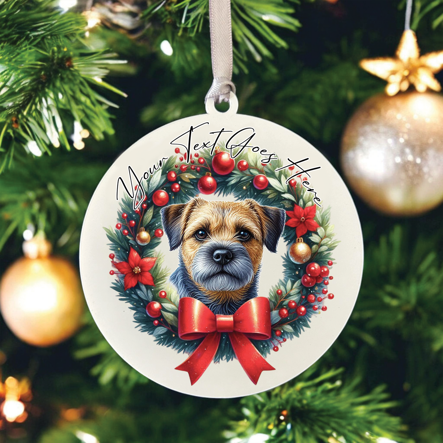 Personalised Border Terrier Dog Christmas Wreath - Hanging Bauble Decoration - Style B