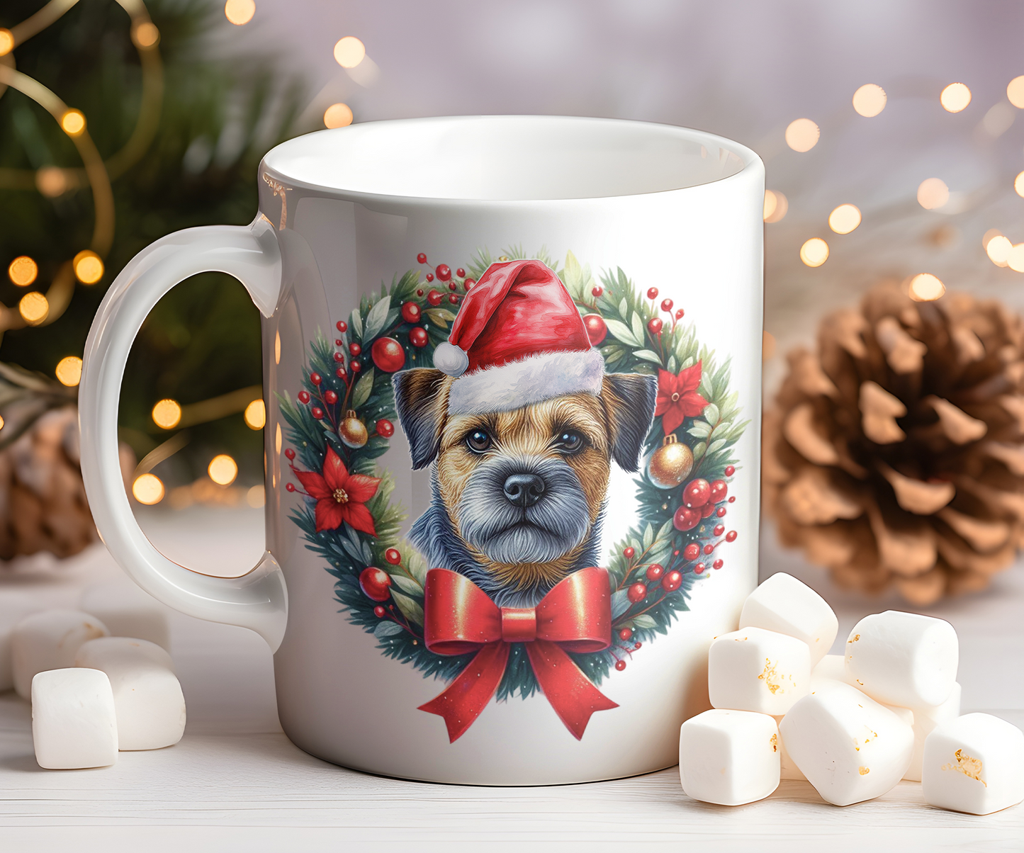 Personalised Blue and Tan Border Terrier Dog Christmas Wreath Gift Mug