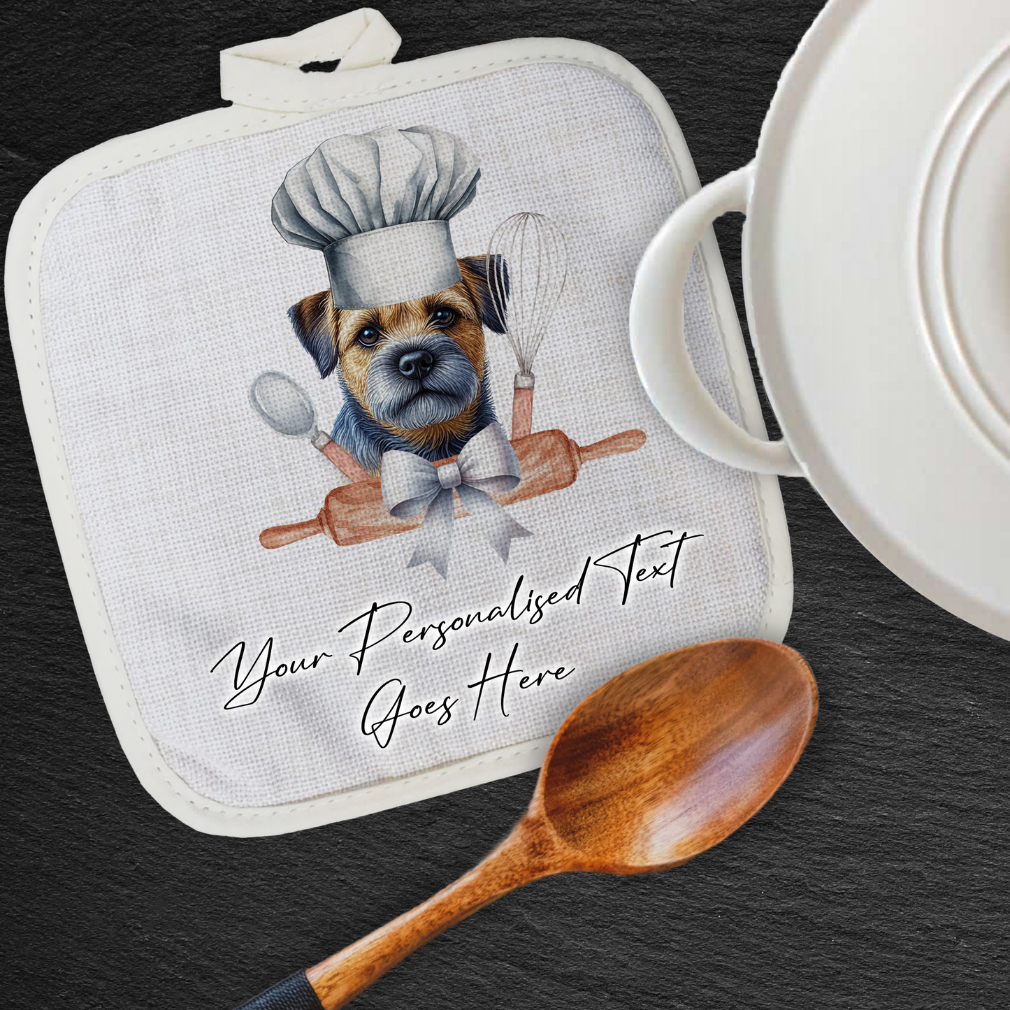 Personalised Dog In Chef Hat Gift Pot Holder / Grab - Blue and Tan Border Terrier