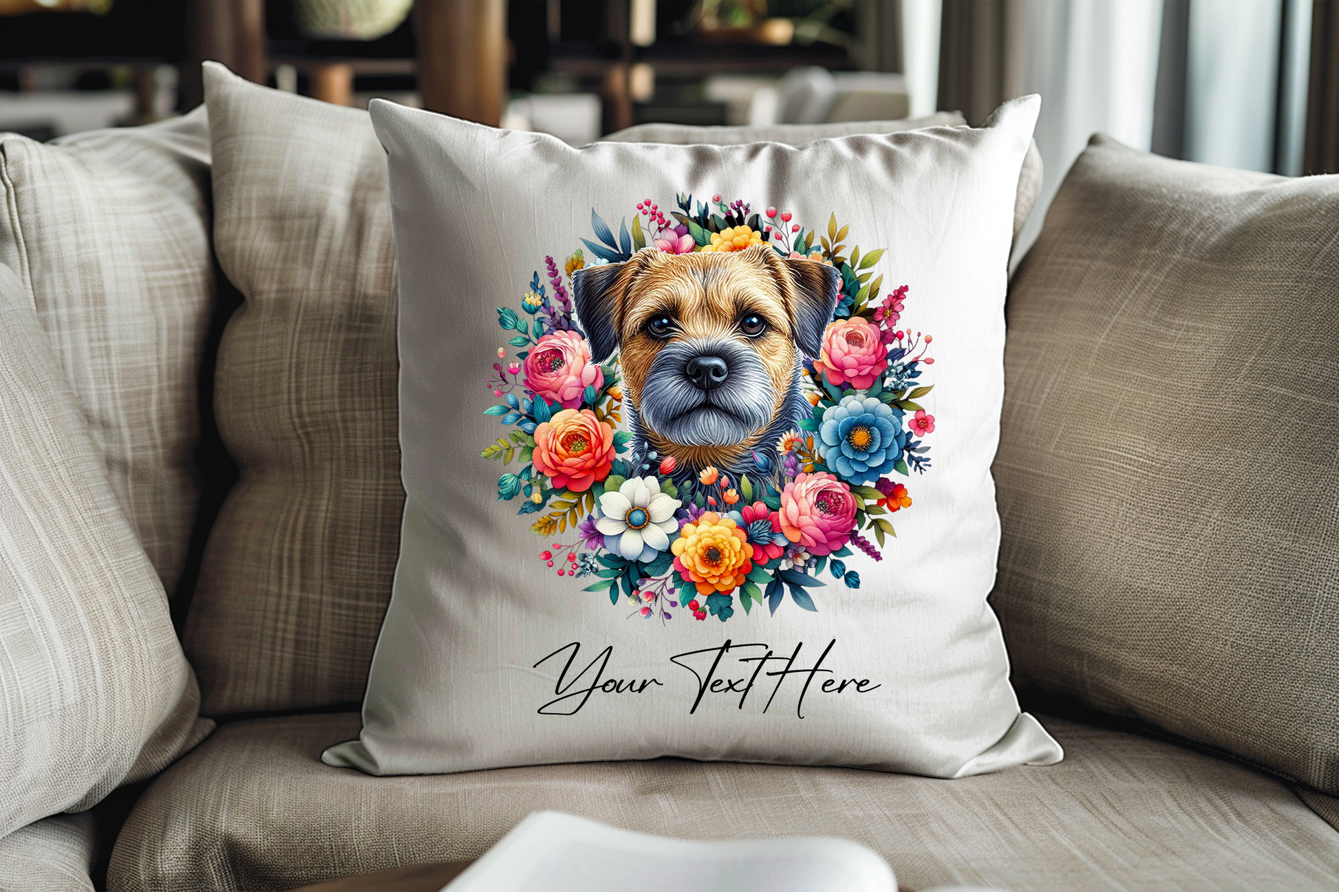 Personalised Floral Summer Pet Dog Wreath with Blue and Tan Border Terrier - Keepsake Gift Cushion, by Floppsie Moppsie – floppsiemoppsie at floppsiemoppsie.co.uk