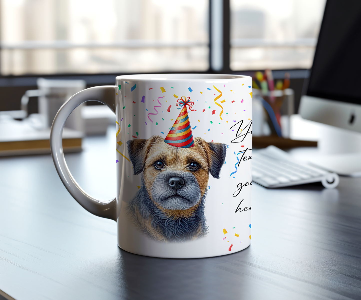 Personalised Dog Gift Mug - Blue and Tan Border Terrier with Birthday Congratulations Party Hat