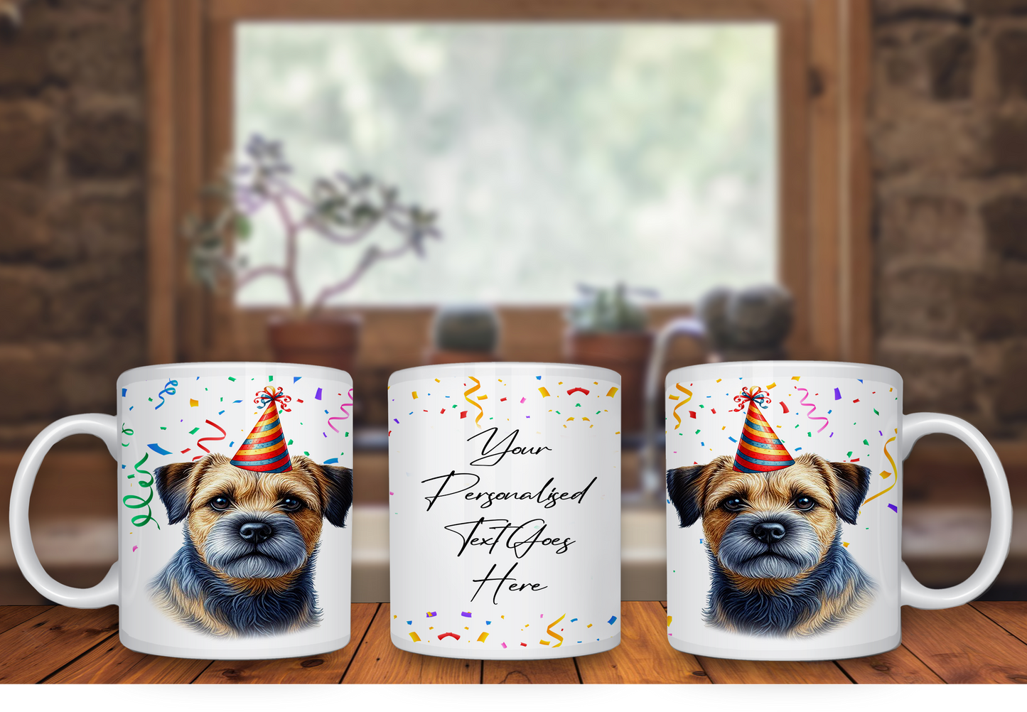 Personalised Dog Gift Mug - Blue and Tan Border Terrier with Birthday Congratulations Party Hat