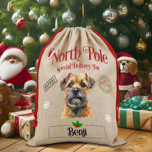 Personalised Dog Border Terrier – North Pole Special Delivery Santa Sack Pet Gift, by Floppsie Moppsie – floppsiemoppsie at floppsiemoppsie.co.uk