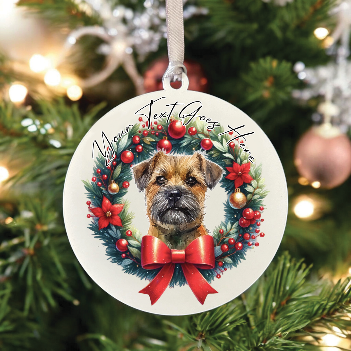 Personalised Border Terrier Dog Christmas Wreath - Hanging Bauble Decoration