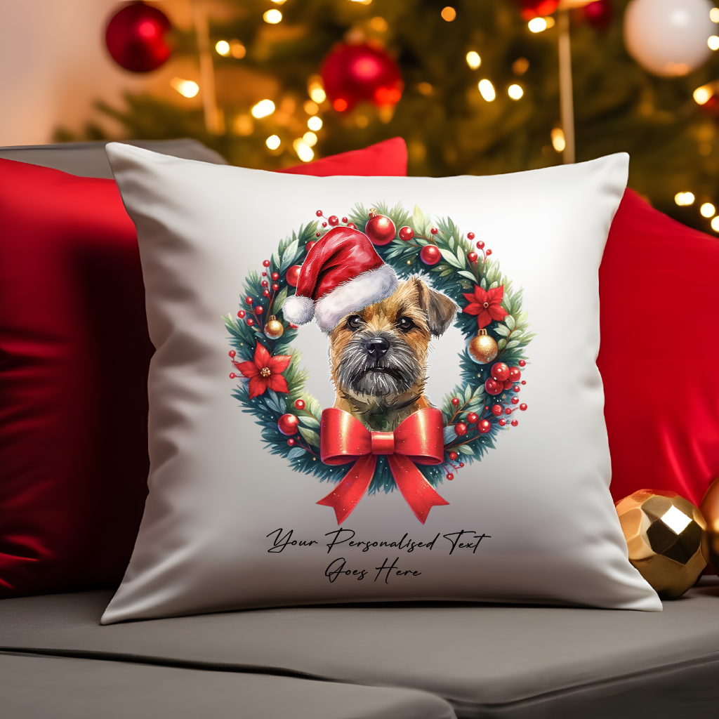 Personalised Border Terrier with Santa Hat in a Christmas wreath - Keepsake Gift cushion, by Floppsie Moppsie – floppsiemoppsie at floppsiemoppsie.co.uk