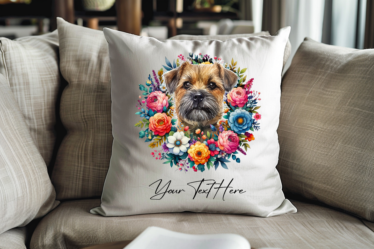 Personalised Floral Summer Pet Dog Wreath with Border Terrier - Keepsake Gift Cushion, by Floppsie Moppsie – floppsiemoppsie at floppsiemoppsie.co.uk