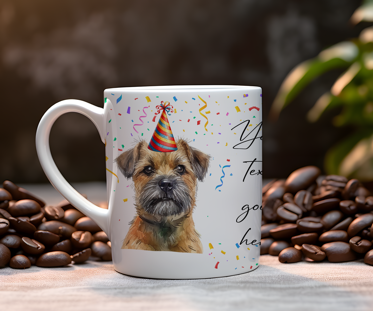 Personalised Dog Gift Mug - Blue and Tan Border Terrier with Birthday Congratulations Party Hat