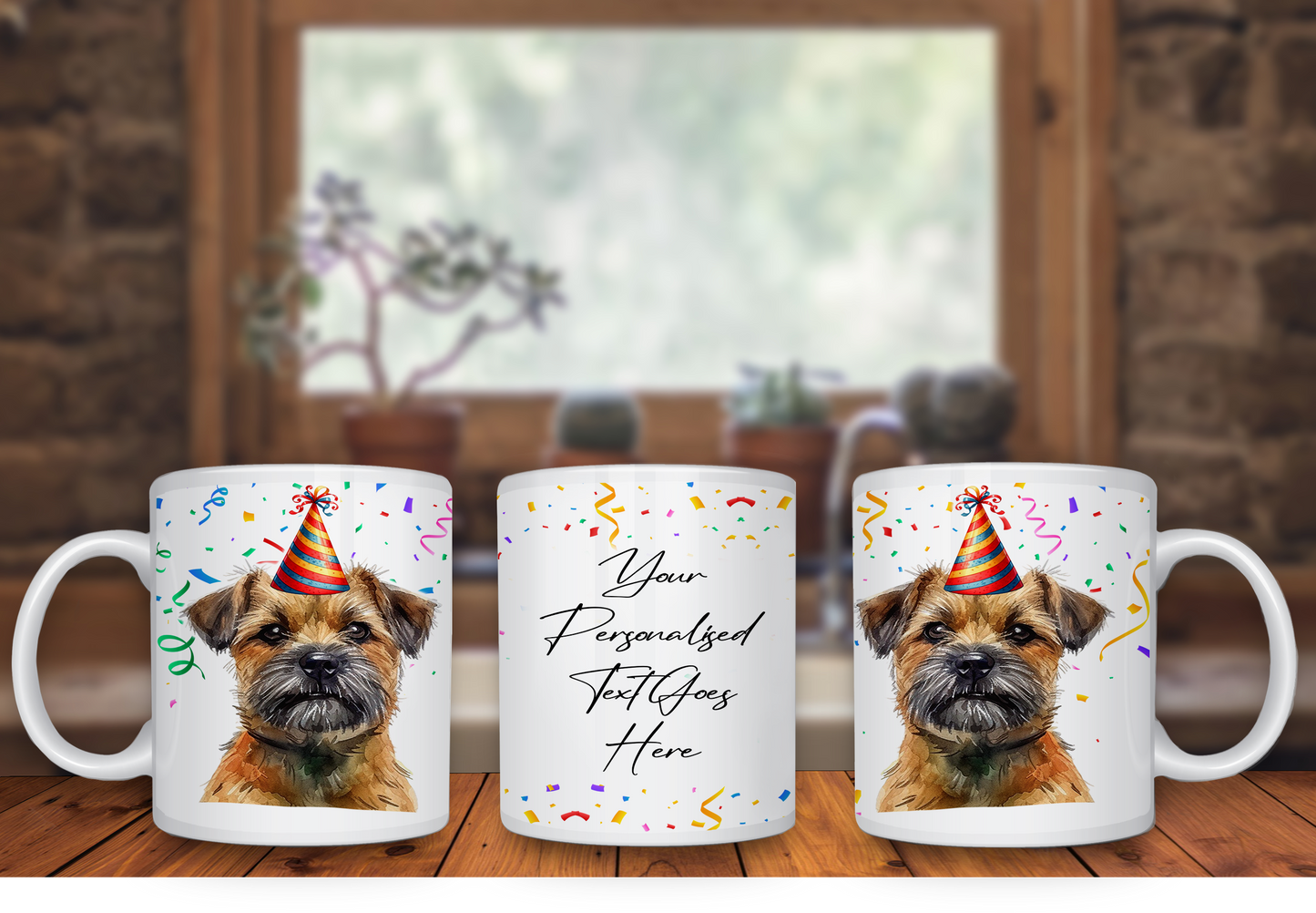 Personalised Dog Gift Mug - Blue and Tan Border Terrier with Birthday Congratulations Party Hat