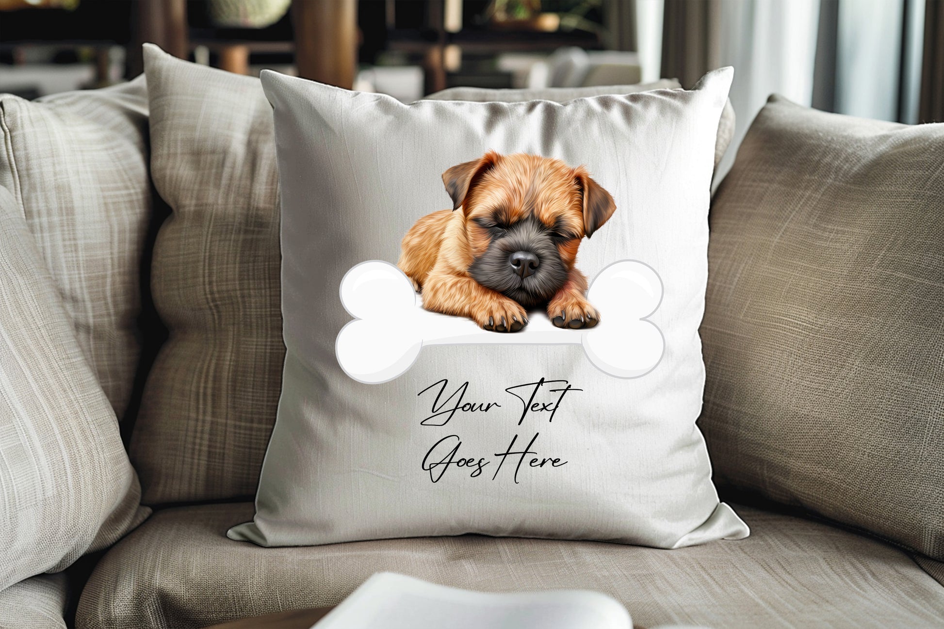 Personalised Border Terrier sleeping on a bone Pet Dog Keepsake Gift Cushion, by Floppsie Moppsie – floppsiemoppsie at floppsiemoppsie.co.uk