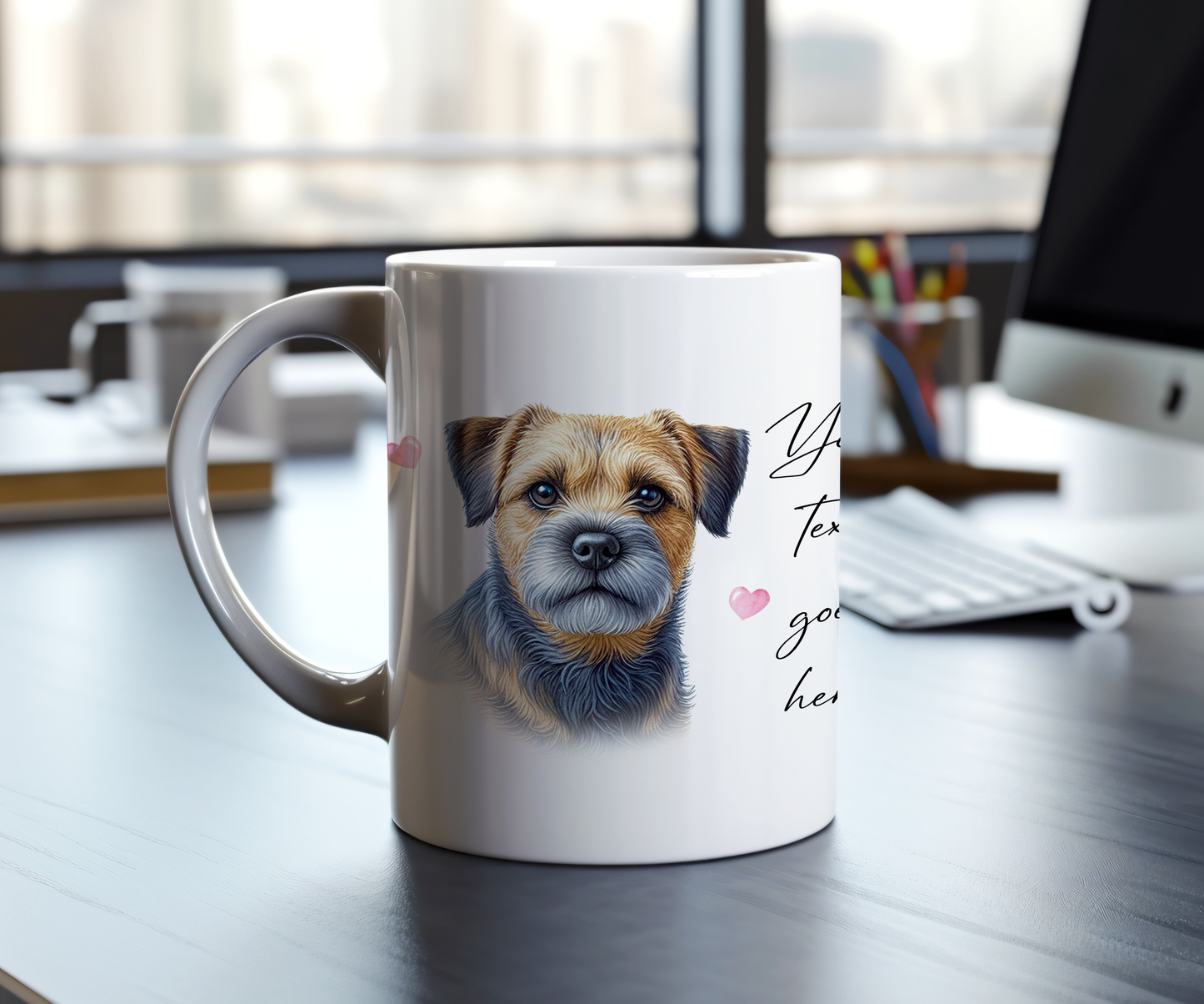 Personalised Dog Gift Mug - Blue and Tan Border Terrier with Custom Message and Optional Hearts