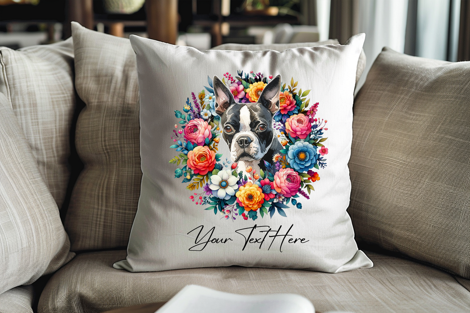 Personalised Floral Summer Pet Dog Wreath with Boston Terrier - Keepsake Gift Cushion, by Floppsie Moppsie – floppsiemoppsie at floppsiemoppsie.co.uk