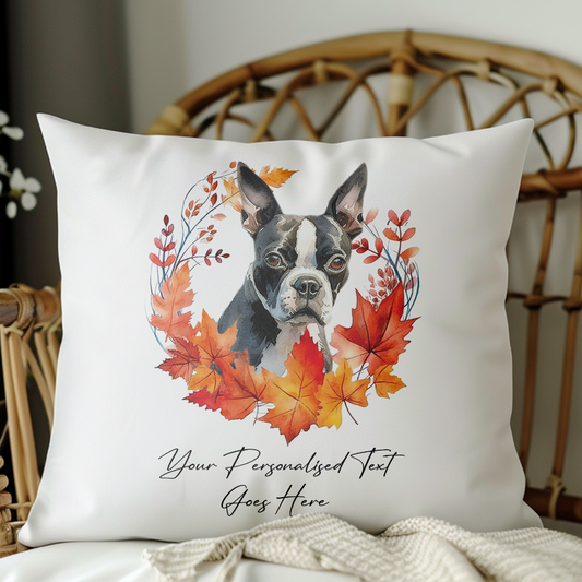 Personalised Boston Terrier in an Autumn wreath - Keepsake Gift cushion, by Floppsie Moppsie – floppsiemoppsie at floppsiemoppsie.co.uk