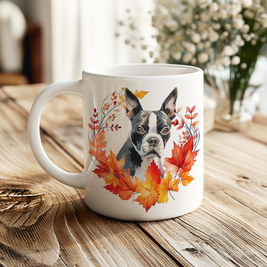 Personalised Boston Terrier in an Autumn wreath - Keepsake Mug, ideal gift for Birthday and Christmas Gift, by Floppsie Moppsie – floppsiemoppsie at floppsiemoppsie.co.uk