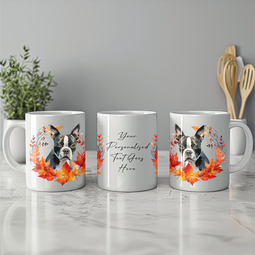 Personalised Boston Terrier in an Autumn wreath - Keepsake Mug, ideal gift for Birthday and Christmas Gift, by Floppsie Moppsie – floppsiemoppsie at floppsiemoppsie.co.uk