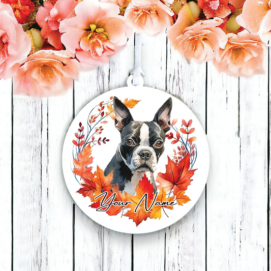 Personalised Dog Boston Terrier in an autumn wreath - Keepsake Gift Hanging Decoration, by Floppsie Moppsie – floppsiemoppsie at floppsiemoppsie.co.uk