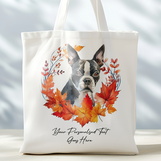 Personalised Dog Autumn Wreath Boston Terrier Tote Bag