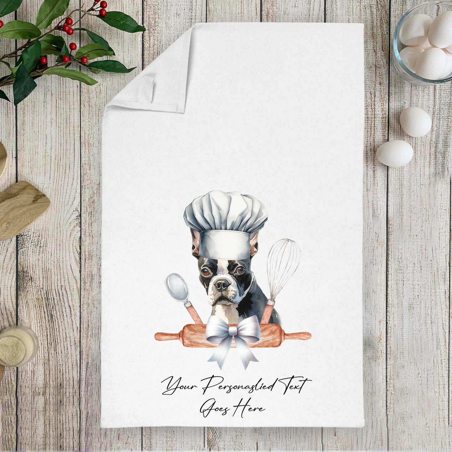 Personalised Dog In Chef Hat Gift Tea Towel - Boston Terrier