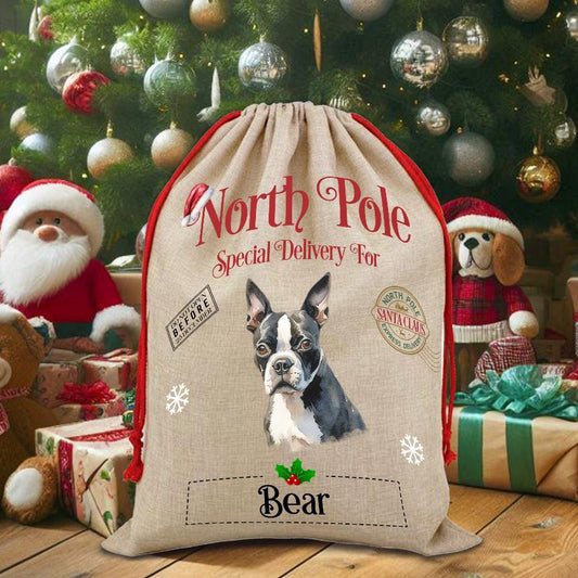 Personalised Dog Boston Terrier – North Pole Special Delivery Santa Sack Pet Gift, by Floppsie Moppsie – floppsiemoppsie at floppsiemoppsie.co.uk