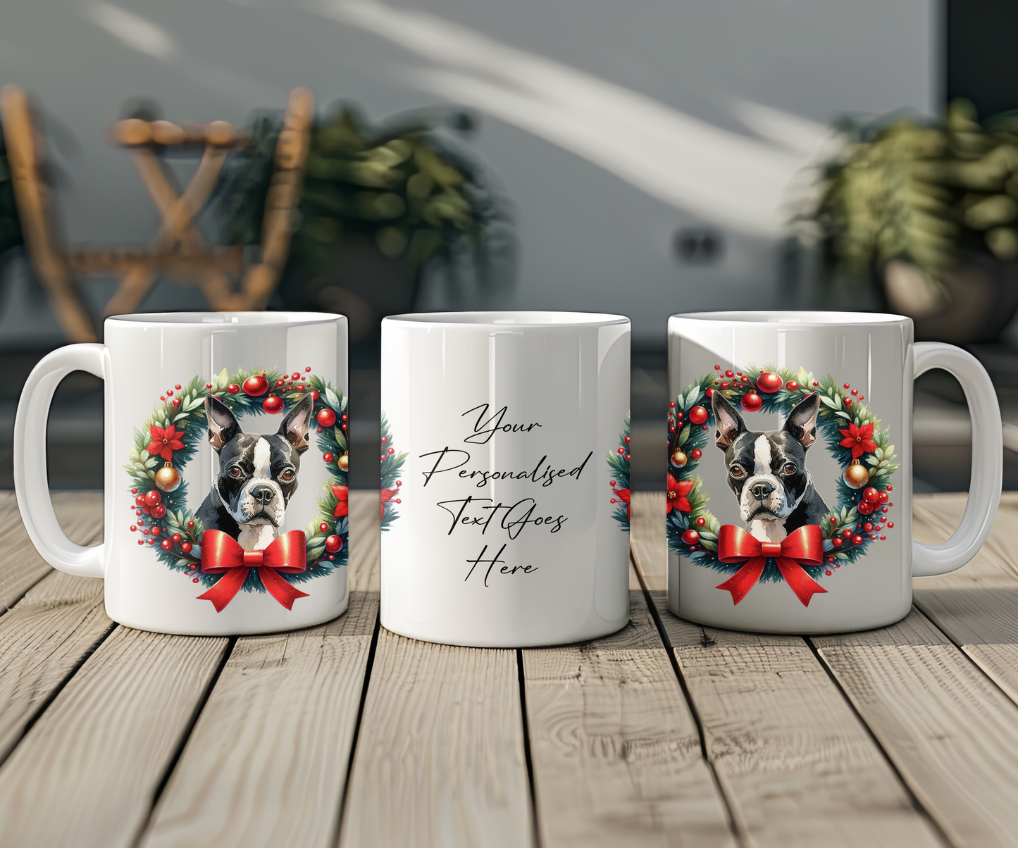 Personalised Boston Terrier Dog Christmas Wreath Gift Mug