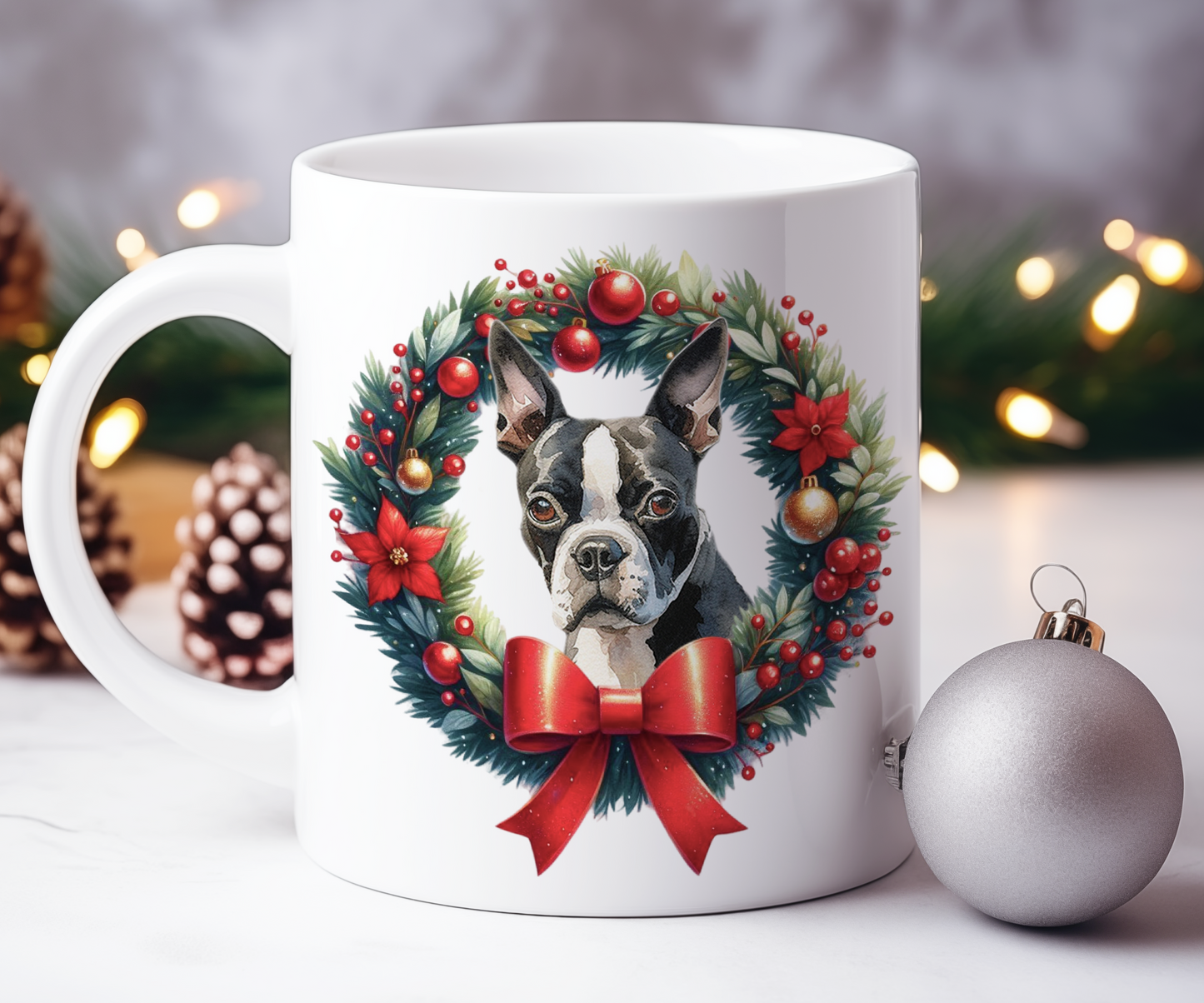 Personalised Boston Terrier Dog Christmas Wreath Gift Mug