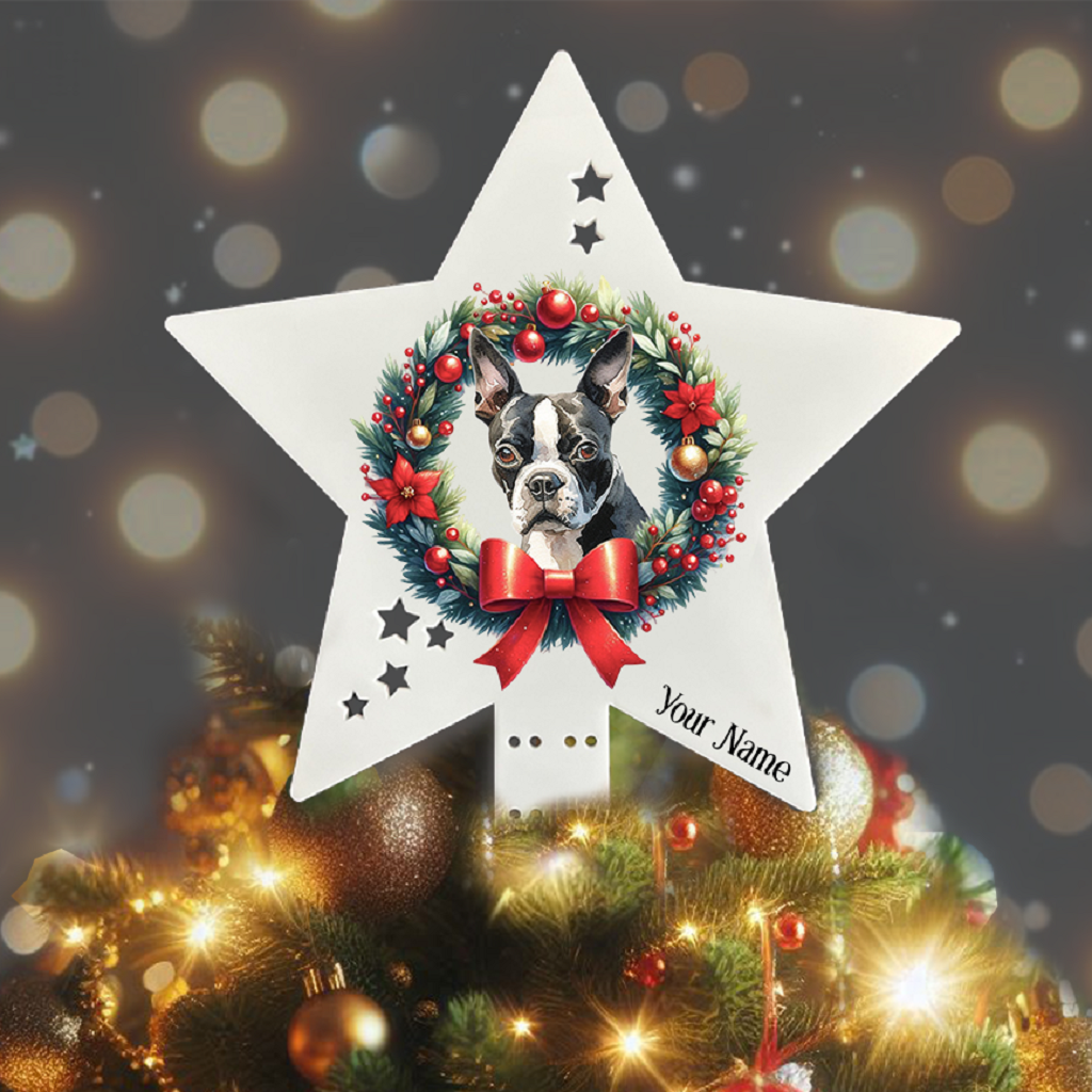 Personalised Pet Dog Boston Terrier wreath Christmas Tree Topper - Keepsake Gift, by Floppsie Moppsie – floppsiemoppsie at floppsiemoppsie.co.uk