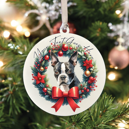 Personalised Boston Terrier Dog Christmas Wreath - Hanging Bauble Decoration