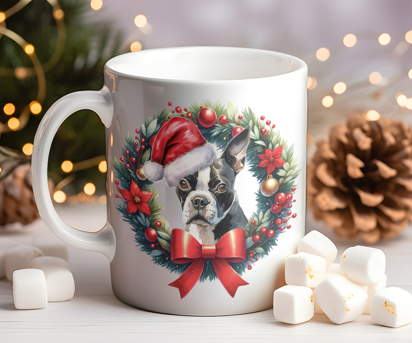 Personalised Boston Terrier Dog Christmas Wreath Gift Mug