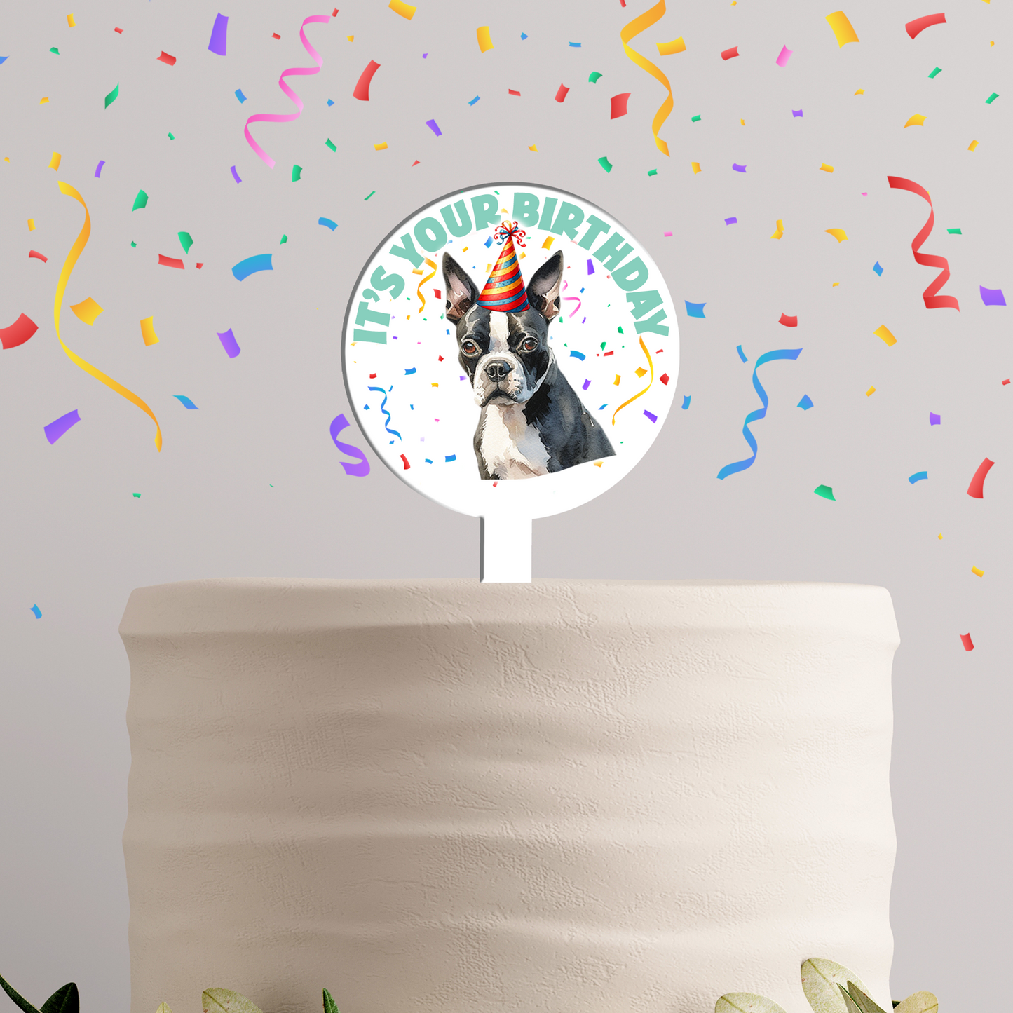 Personalised Dog Party Hat Cake Topper - Boston Terrier