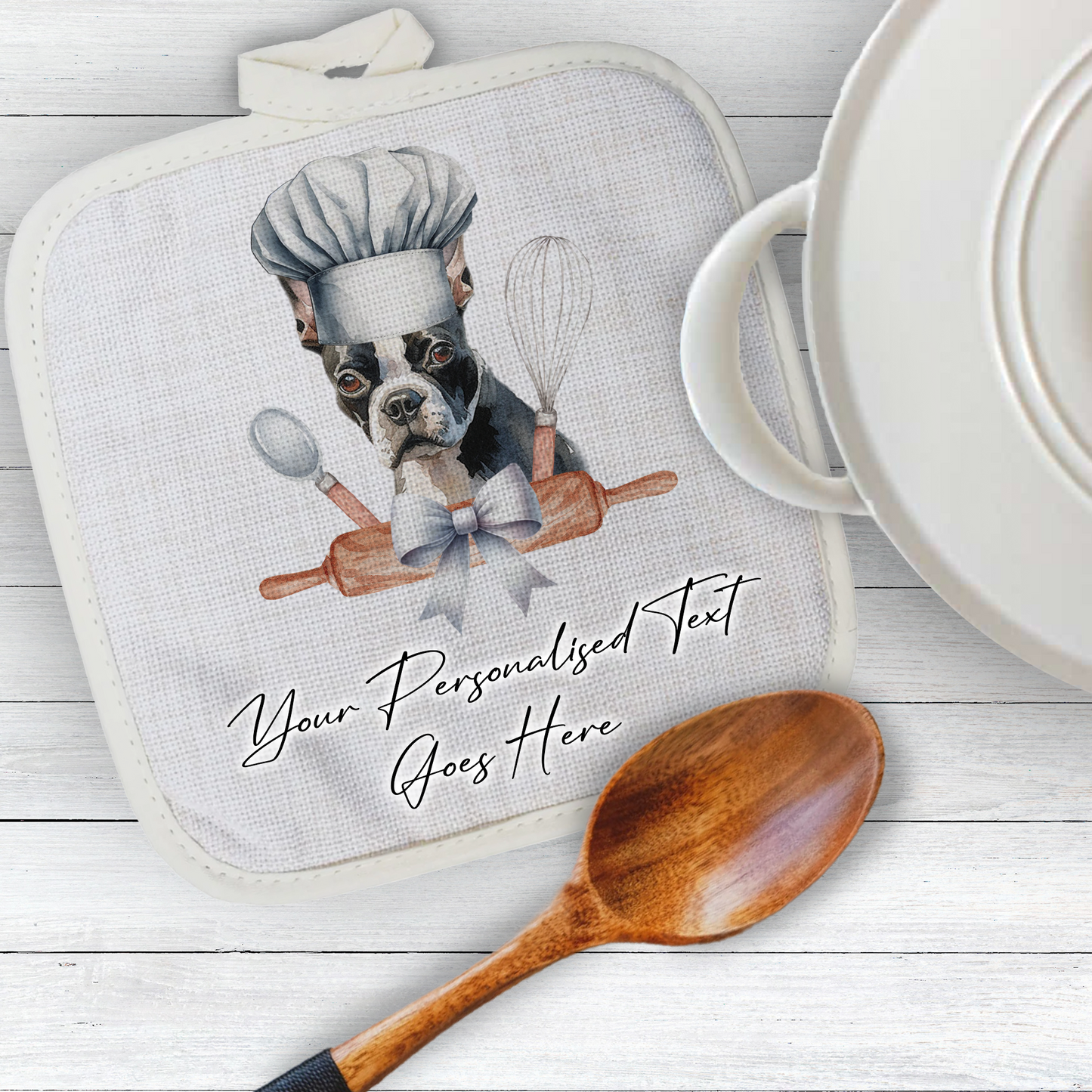 Personalised Dog In Chef Hat Gift Pot Holder / Grab - Boston Terrier