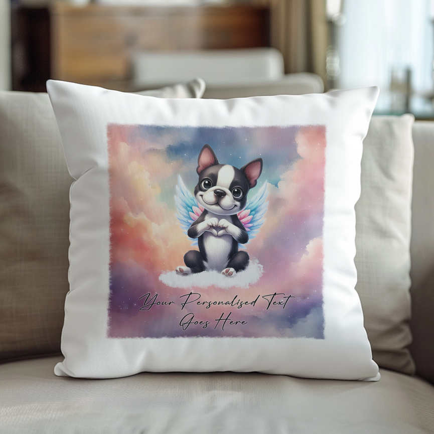 Personalised Dog Memorial Mug of Boston Terrier with wings in clouds making a heart sign - Keepsake Gift Cushion, by Floppsie Moppsie – floppsiemoppsie at floppsiemoppsie.co.uk