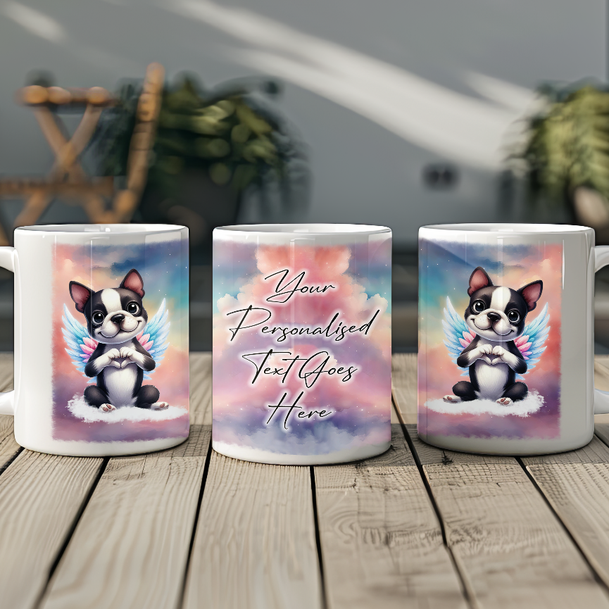 Personalised Dog Memorial Mug of Boston Terrier with wings in clouds making a heart sign - Keepsake Gift Mug, by Floppsie Moppsie – floppsiemoppsie at floppsiemoppsie.co.uk