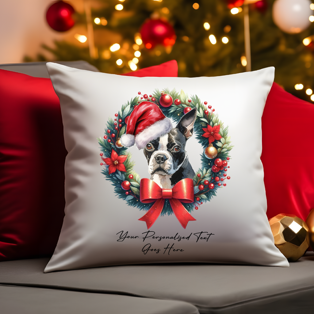 Personalised Boston Terrier with Santa Hat in a Christmas wreath - Keepsake Gift cushion, by Floppsie Moppsie – floppsiemoppsie at floppsiemoppsie.co.uk