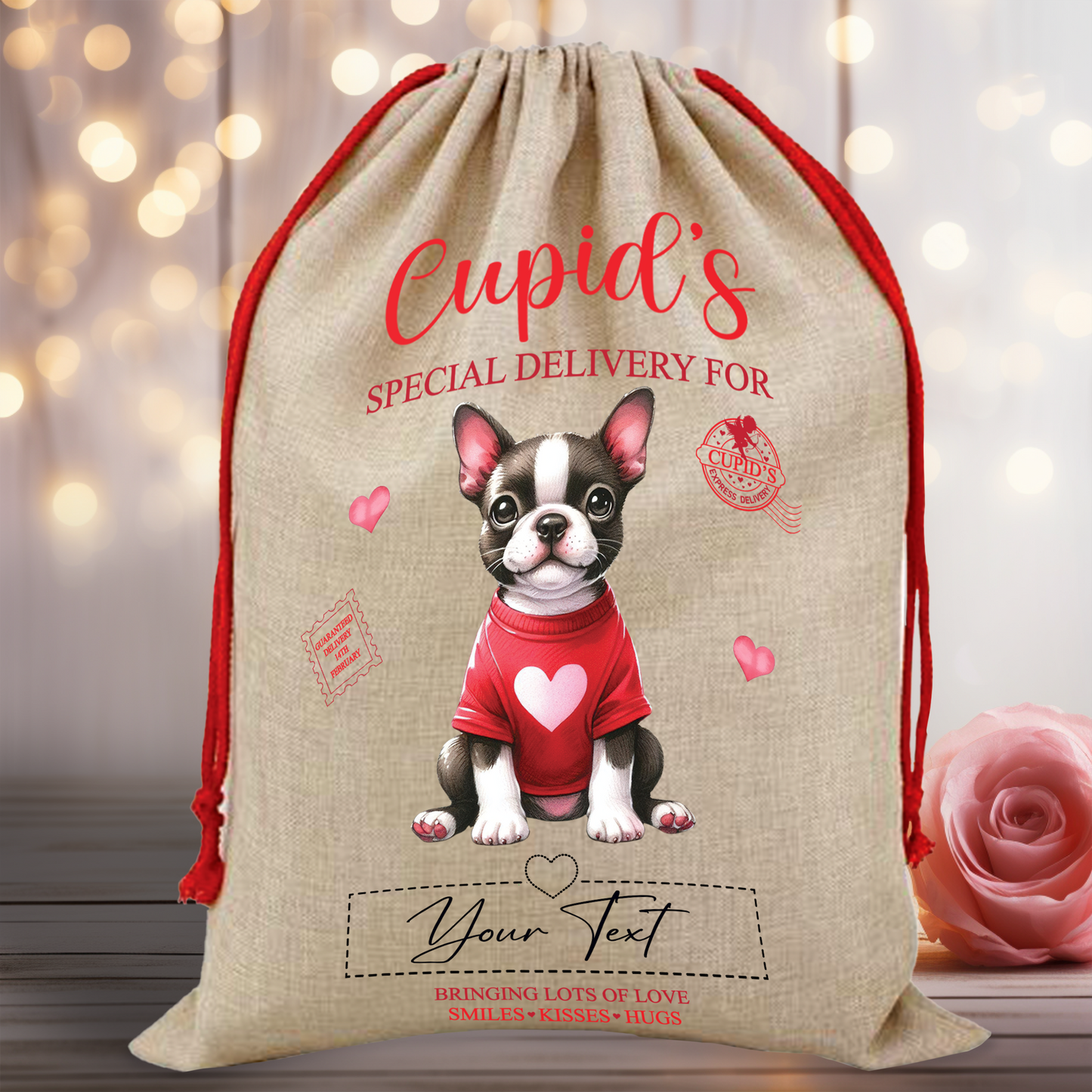 Personalised Dog Love Heart Valentine Anniversary Gift Sack - Boston Terrier