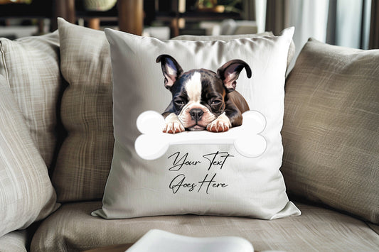 Personalised Boston Terrier sleeping on a bone Pet Dog Keepsake Gift Cushion, by Floppsie Moppsie – floppsiemoppsie at floppsiemoppsie.co.uk