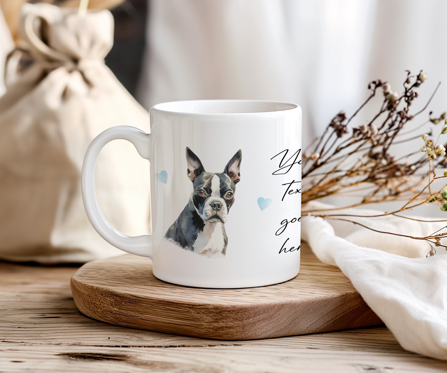 Personalised Dog Gift Mug - Boston Terrier with Custom Message and Optional Hearts