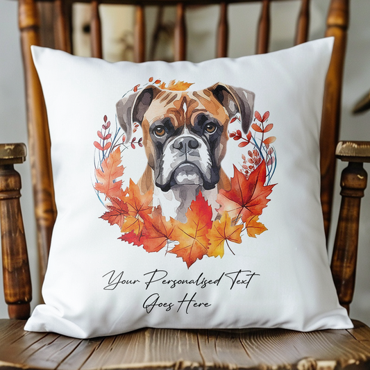 Personalised Boxer in an Autumn wreath - Keepsake Gift cushion, by Floppsie Moppsie – floppsiemoppsie at floppsiemoppsie.co.uk