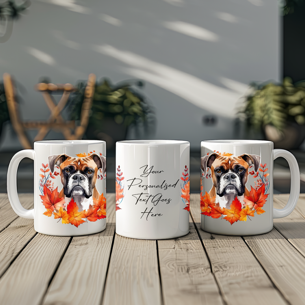 Personalised Boxer in an Autumn wreath - Keepsake Mug, ideal gift for Birthday and Christmas Gift, by Floppsie Moppsie – floppsiemoppsie at floppsiemoppsie.co.uk