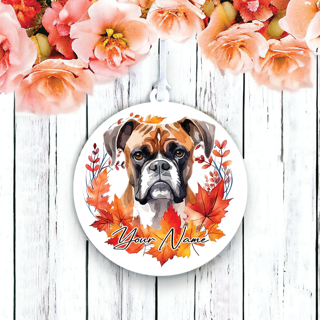 Personalised Boston Terrier Autumn Dog Wreath Hanging Decoration