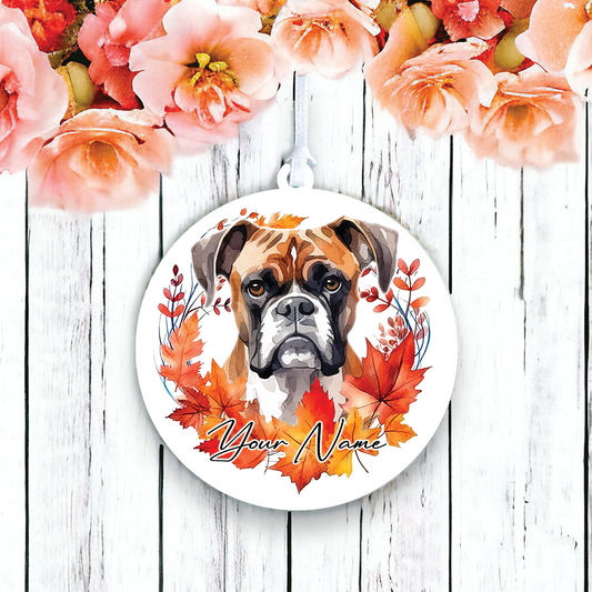 Personalised Dog Boxer in an autumn wreath - Keepsake Gift Hanging Decoration, by Floppsie Moppsie – floppsiemoppsie at floppsiemoppsie.co.uk