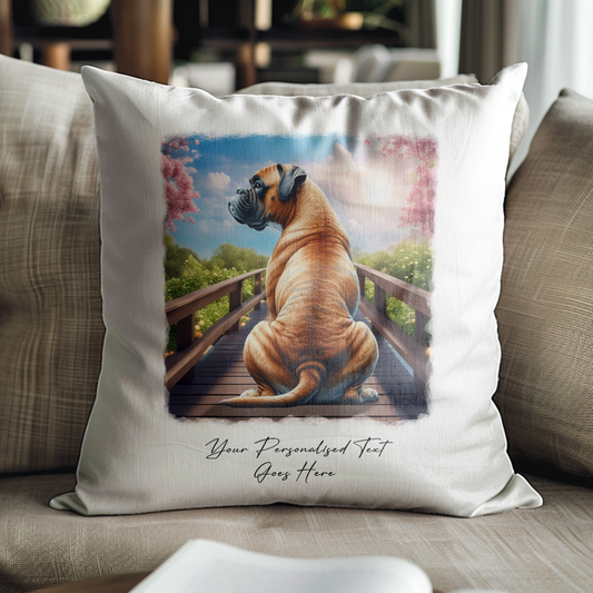 Personalised Boxer – Looking out across a Bridge Pet Gift Cushion, by Floppsie Moppsie – floppsiemoppsie at floppsiemoppsie.co.uk