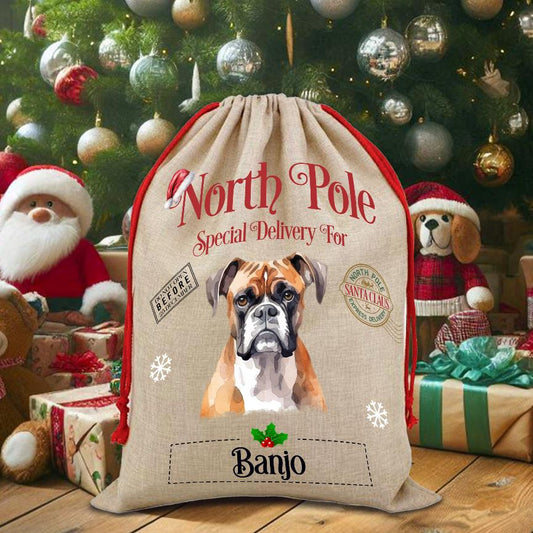 Personalised Dog Boxer – North Pole Special Delivery Santa Sack Pet Gift, by Floppsie Moppsie – floppsiemoppsie at floppsiemoppsie.co.uk