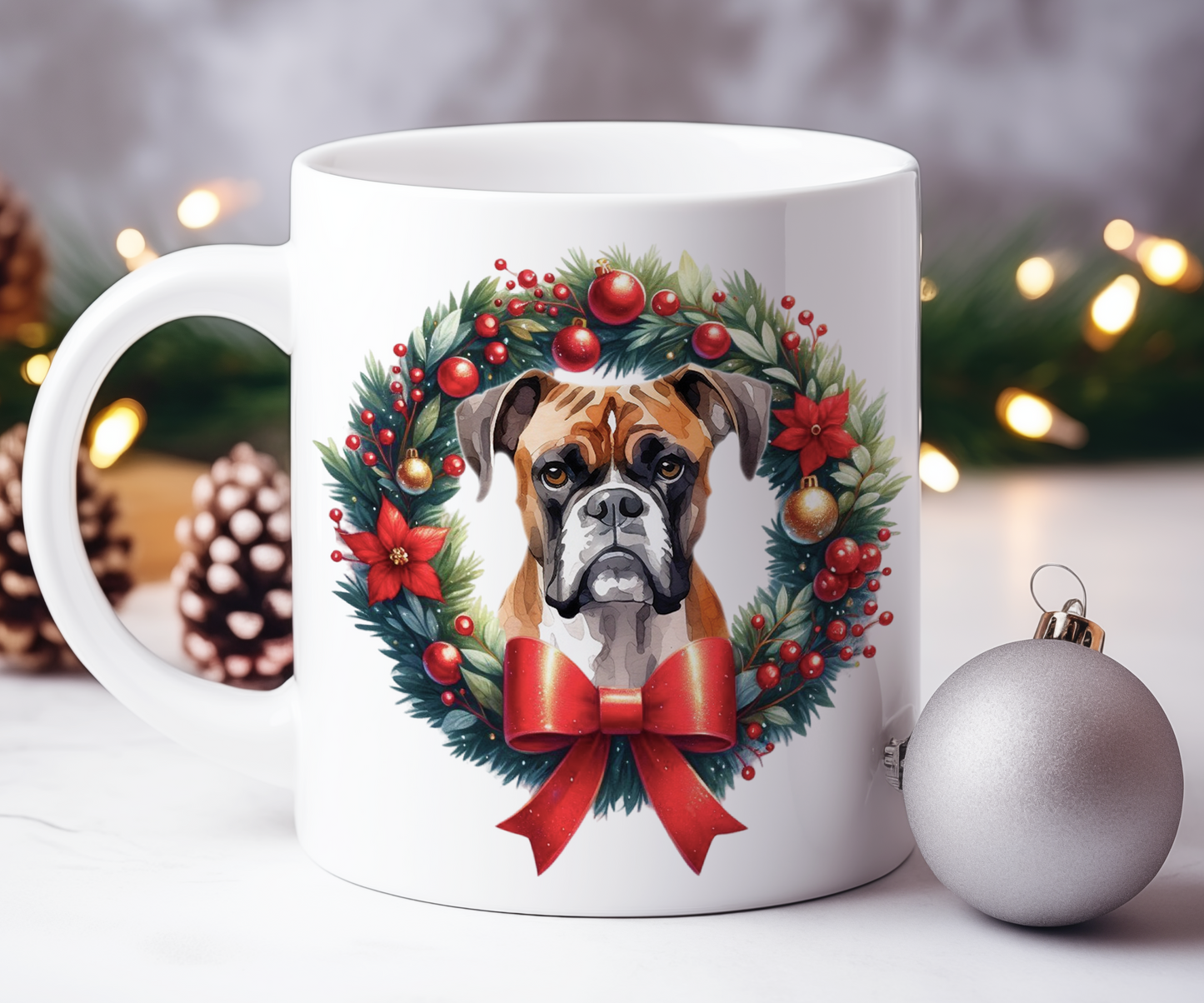 Personalised Boxer Dog Christmas Wreath Gift Mug