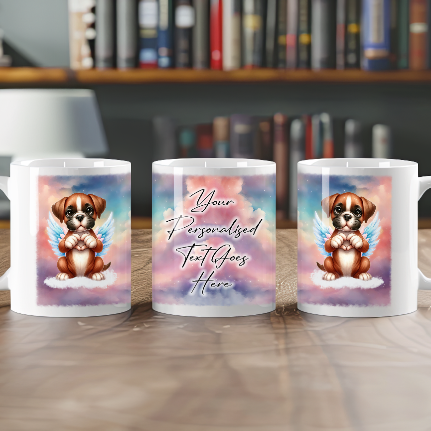 Personalised Dog Memorial Mug of Boxer with wings in clouds making a heart sign - Keepsake Gift Mug, by Floppsie Moppsie – floppsiemoppsie at floppsiemoppsie.co.uk