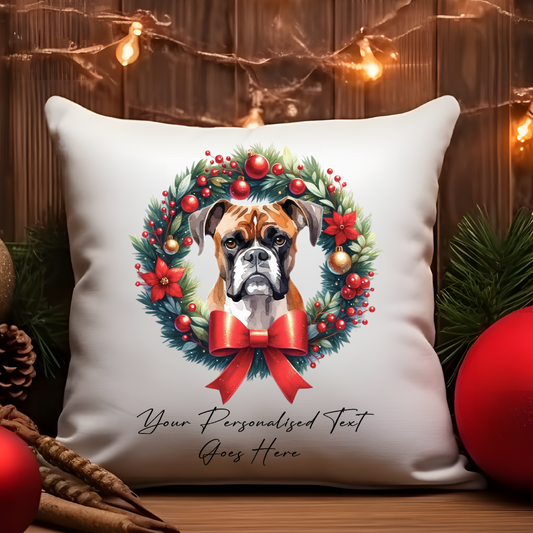 Personalised Boxer in a Christmas wreath - Keepsake Gift cushion, by Floppsie Moppsie – floppsiemoppsie at floppsiemoppsie.co.uk