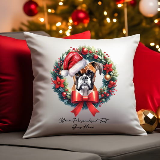 Personalised Boxer with Santa Hat in a Christmas wreath - Keepsake Gift cushion, by Floppsie Moppsie – floppsiemoppsie at floppsiemoppsie.co.uk