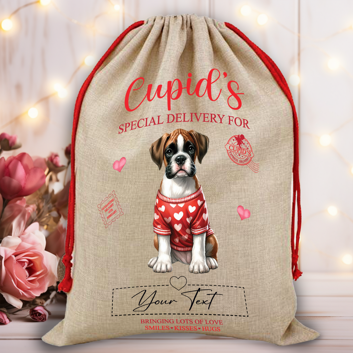 Personalised Dog Love Heart Valentine Anniversary Gift Sack - Boxer